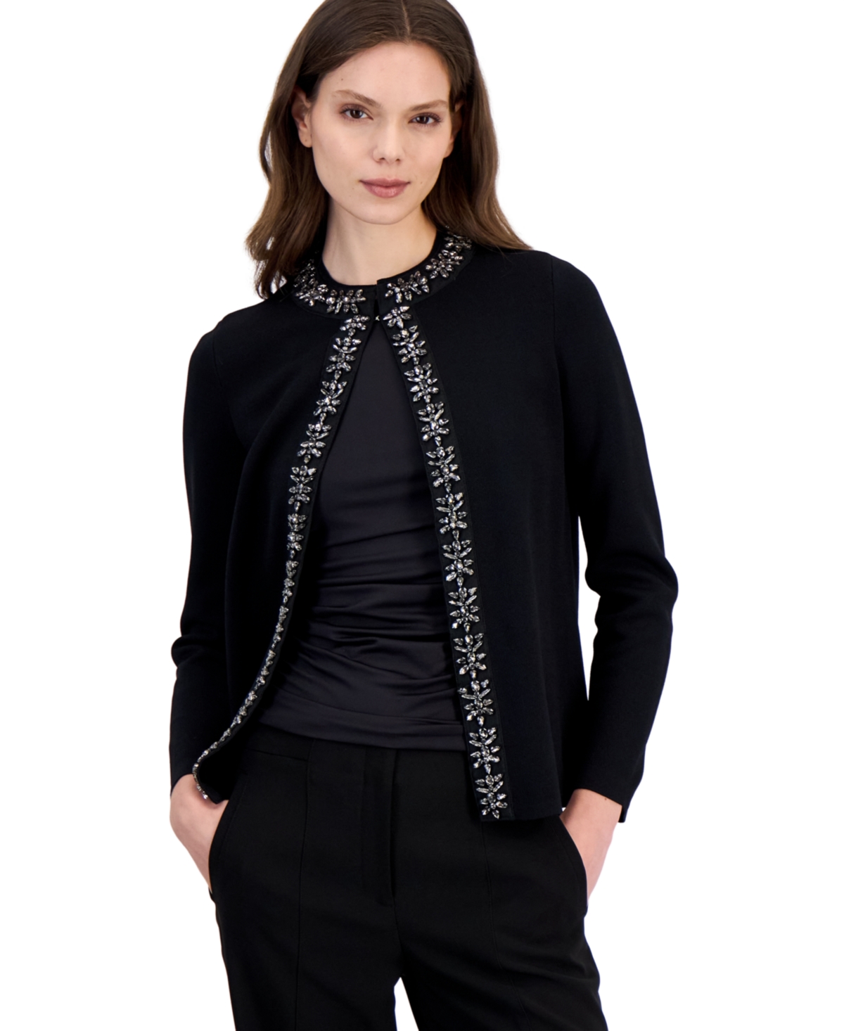 Anne Klein Women's Embellished Crewneck Cardigan - Anne Black