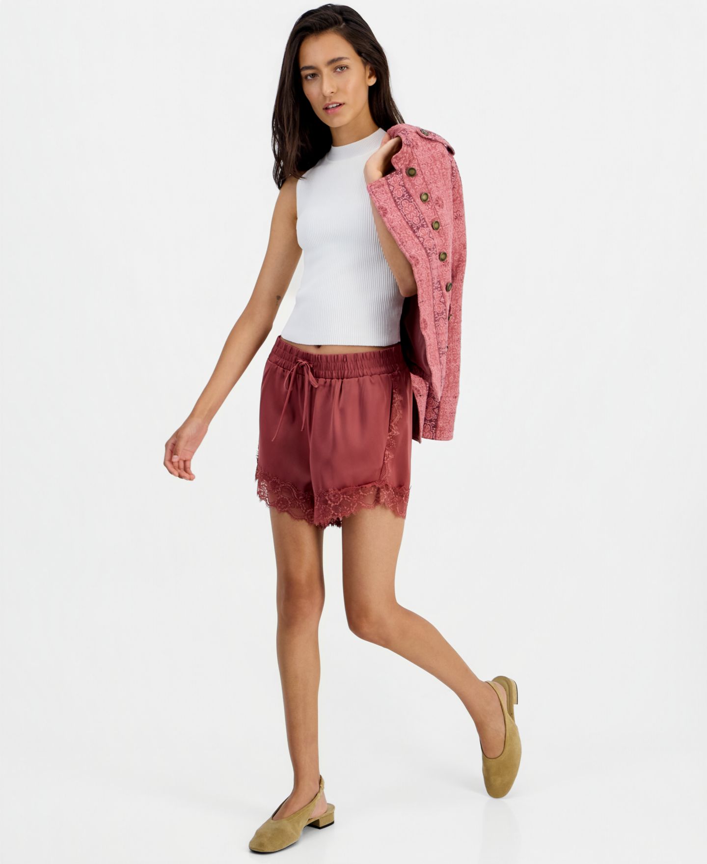 Женские шорты And Now This Pull-On Drawstring Satin Lace, цвет: Розовый — фото 2