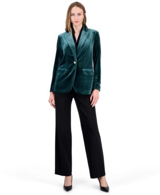 Women's Velvet One-Button Notch-Collar Jacket & Velvet High-Rise Pull-On Wide-Leg Pants Suit Separates