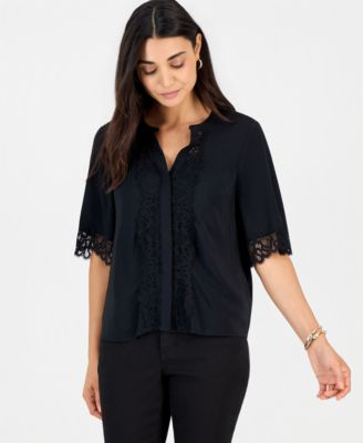 Petite Lace-Trim Flowy-Sleeve Blouse