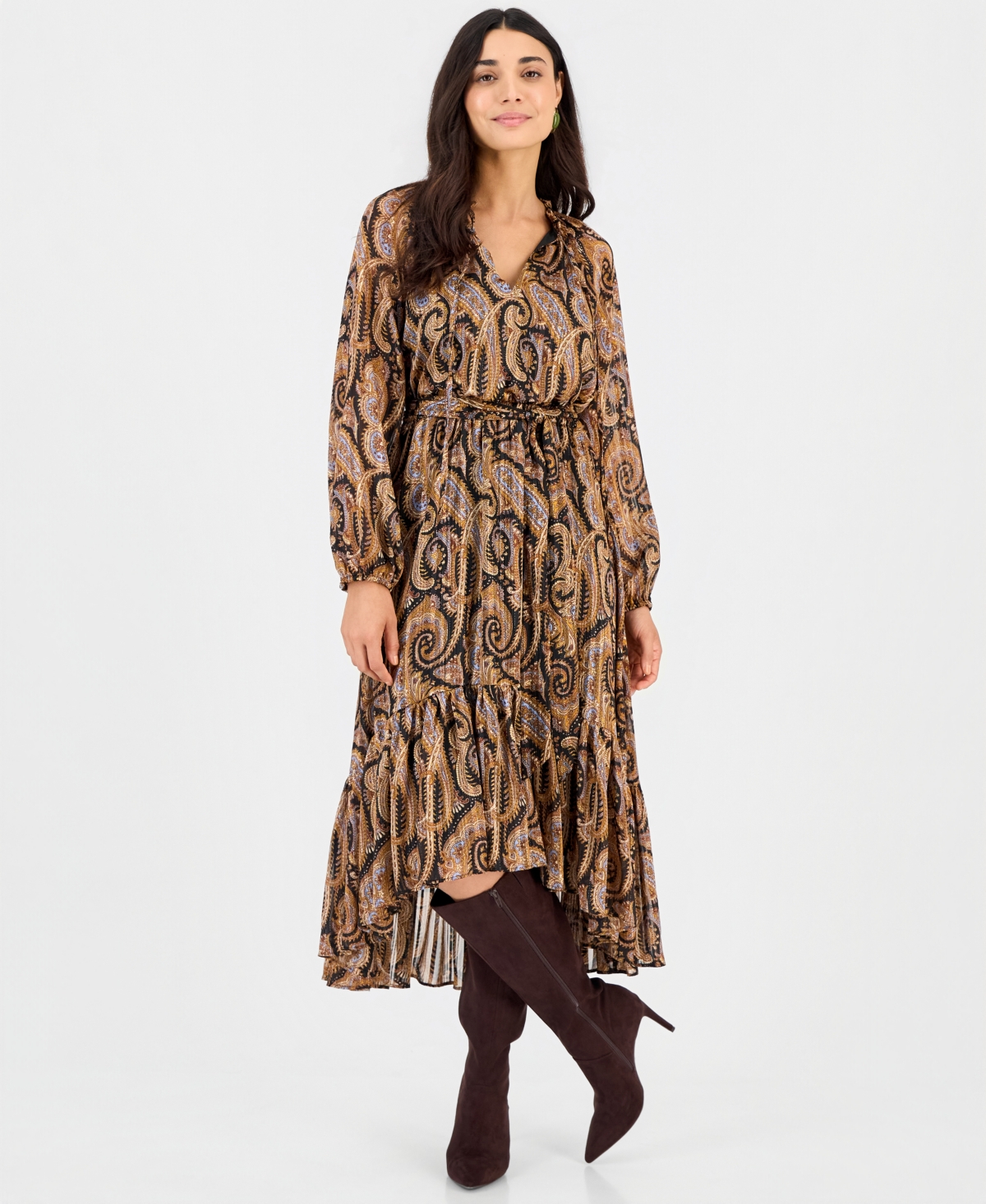 I.n.c. International Concepts Petite Long-Sleeve High-Low Chiffon Dress, Macy's Exclusive - Helena Paisley
