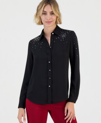 Women's Long-Sleeve Button-Front Collared Blouse