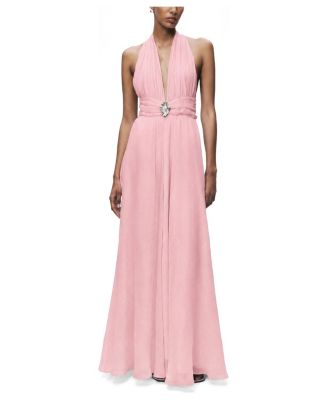 Women's Pleated Halterneck Maxi Dress with Brooch Detail