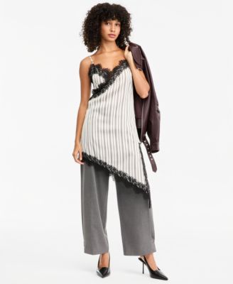 Women's Pinstripe V-Neck Lace-Trim Satin Dress