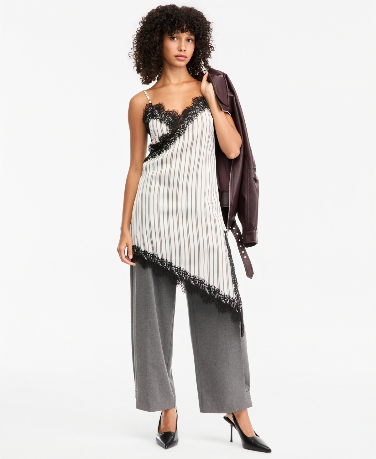 Bar Iii Women's Pinstripe V-Neck Lace-Trim Satin Dress, Macy's Exclusive