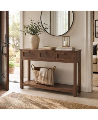 3-Drawer Rattan Console Table, Entryway Sofa Table with Open Shelf, Farmhouse Accent Cabinet for Living Room, Hallway