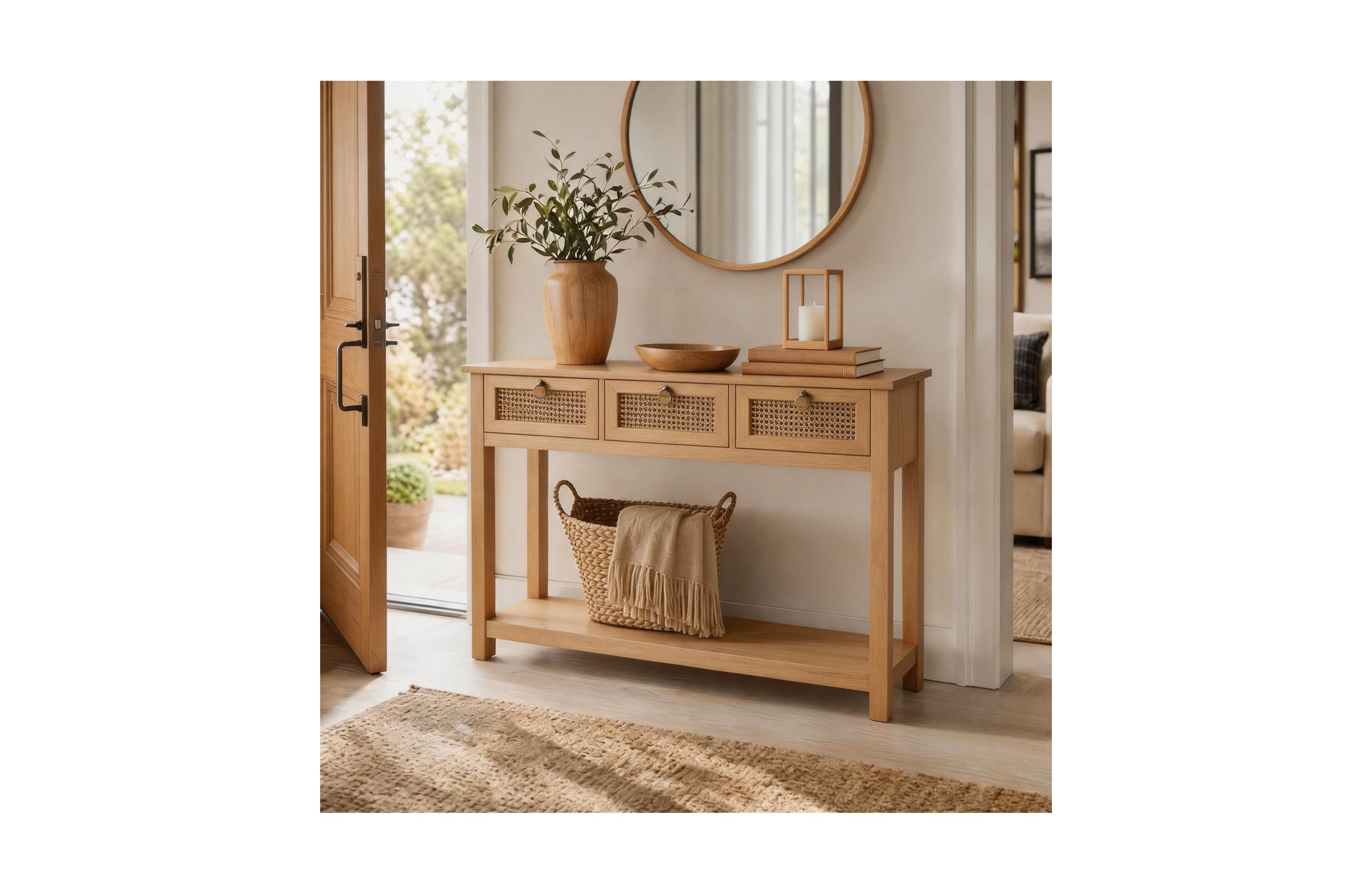 homfan 3-Drawer Rattan Console Table, Entryway Sofa Table with Open Shelf, Farmhouse Accent Cabinet for Living Room, Hallway