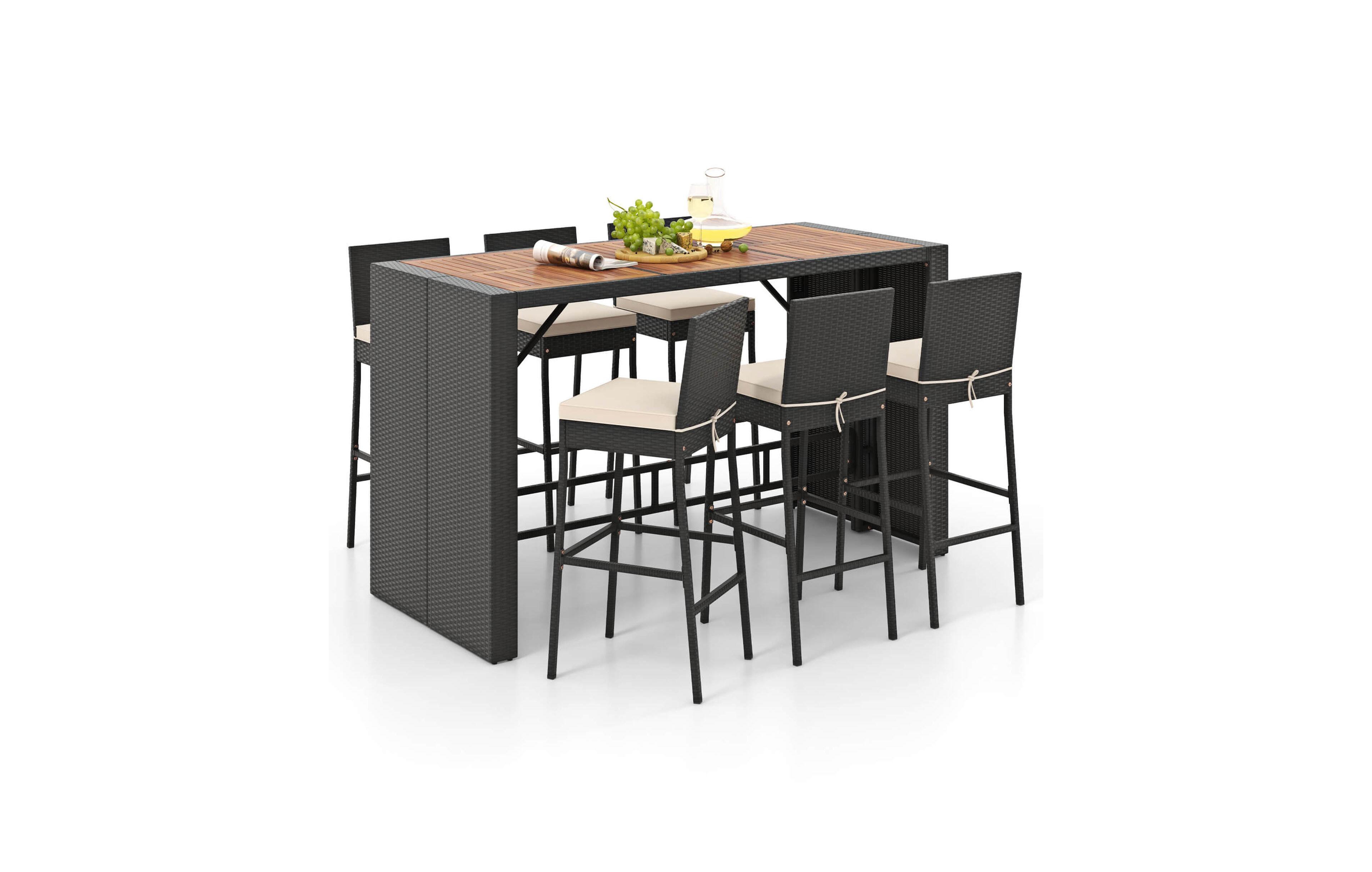 Costway 7 Pieces Patio Bar Set with Acacia Wood Tabletop and Removable Cushions Outdoor