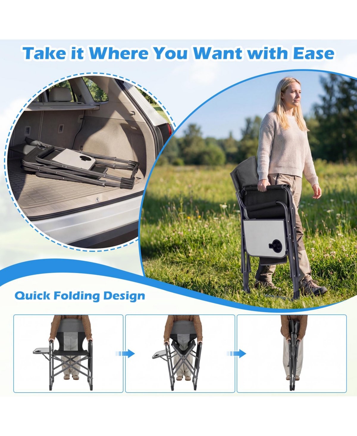 Gymax Folding Camping Chair Oversized Padded Portable Directors Chair with Side Table