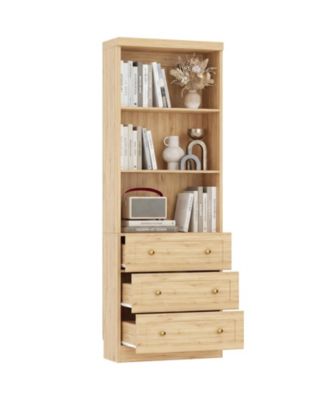 80" Storage Cabinet with 3 Drawers and Open Shelves, Wooden Bookcase