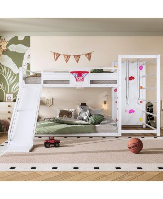 Loft Bed with Basketball Hoop Climbing Wall Slide and Bookshelves