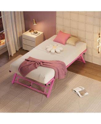 Twin Sturdy Metal Pop Up Trundle Bed Frame Stand Up Design, Lockable Casters, Strong Steel Slats, Noise Free, Easy Assembly