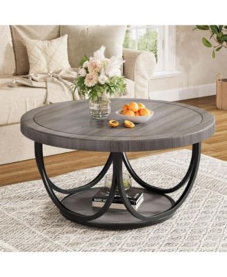 Round Coffee Table with 2 Tiers, 33.5" Wooden Circle Accent Cocktail Table, Industrial Center Tables