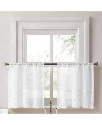 Camille Macrame Lace Trim Sheer Rod Pocket Kitchen Curtain Tier Pair