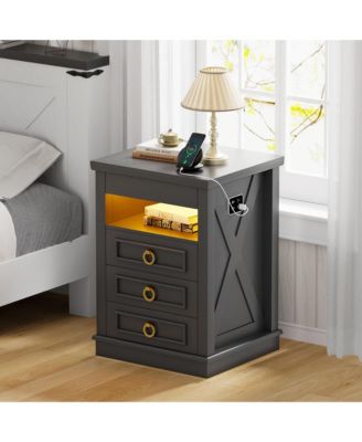 3-Drawer Nightstand with Hidden Storage, Modern Bedside Table with Charging Station and LED Light, Bedroom End Table with Spacious Drawers