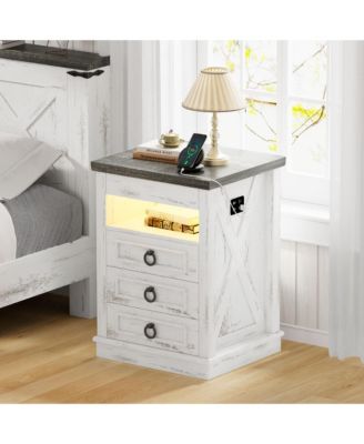 3-Drawer Nightstand with Hidden Storage, Modern Bedside Table with Charging Station and LED Light, Bedroom End Table with Spacious Drawers