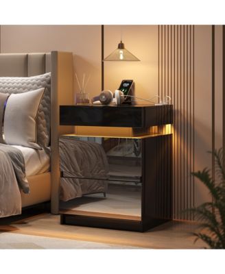 Mirrored Nightstand with 2 Drawers and Motion Sensor Light, Modern Bedside Table