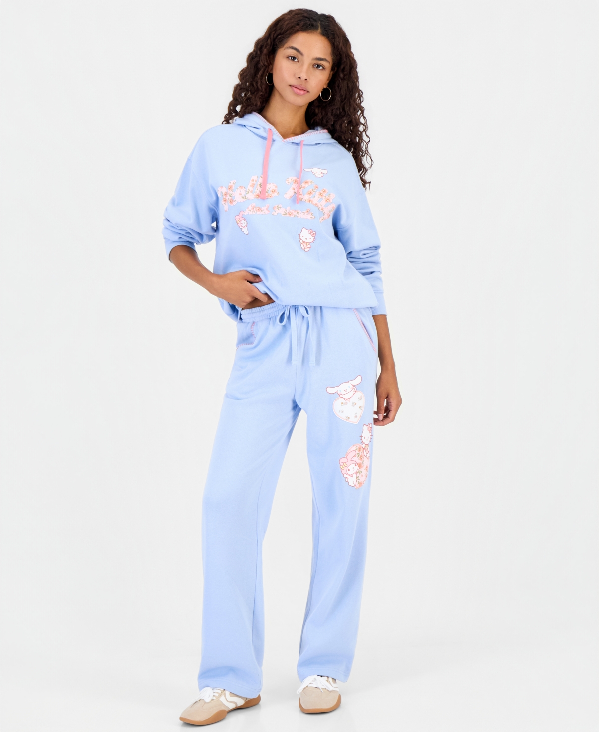 Sanrio Juniors' Hk And Friends Wide-leg Drawstring Sweatpants In Blue