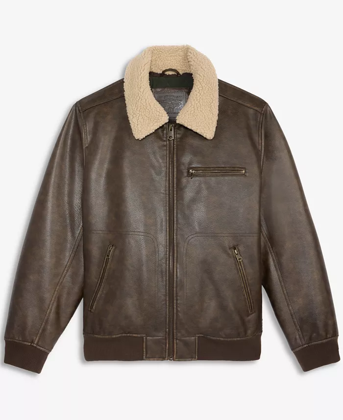 Men's Sherpa Collar Faux Leather Bomber Jacket - thumbnail 6