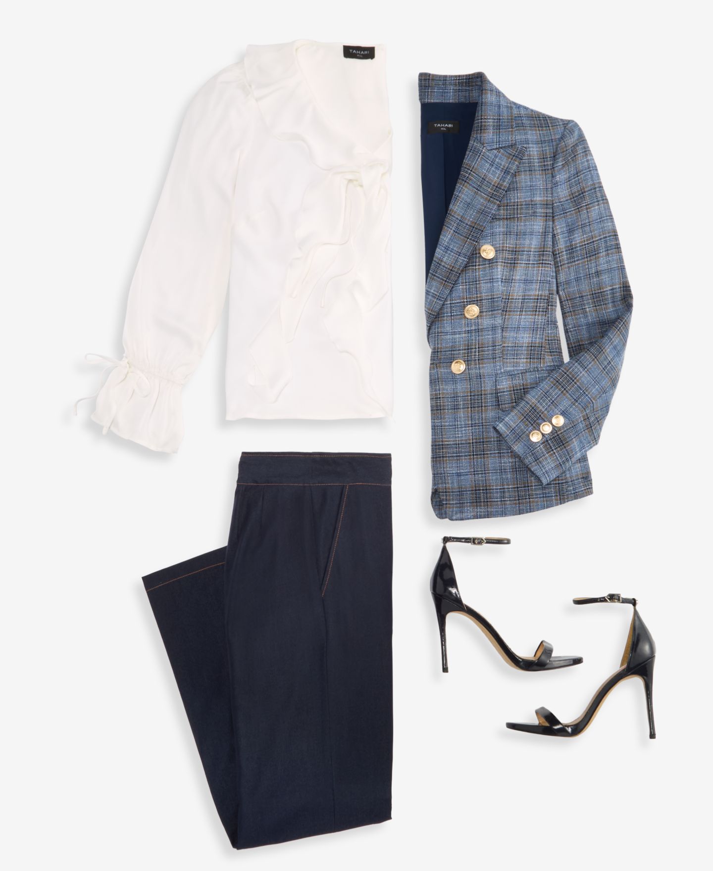 Женские комплекты Tahari ASL Plaid Double Breasted Blazer, V-Neck Ruffle-Front Long-Sleeve Blouse & Wide-Leg Mid-Rise Denim Pants, цвет: Тёмный джинсовый — фото 4