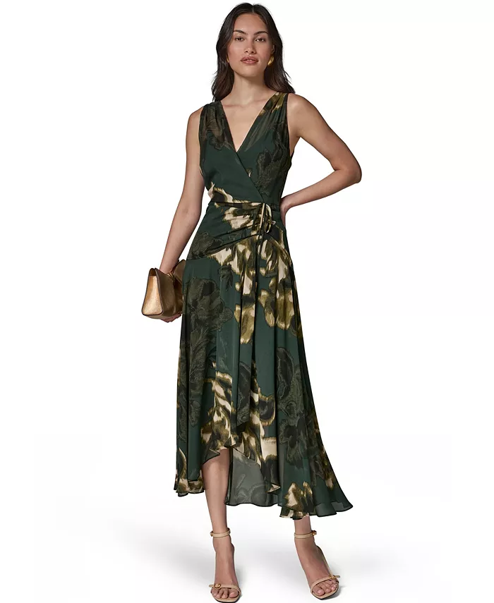 Women's Sleeveless Printed Chiffon Surplice Neck Dress