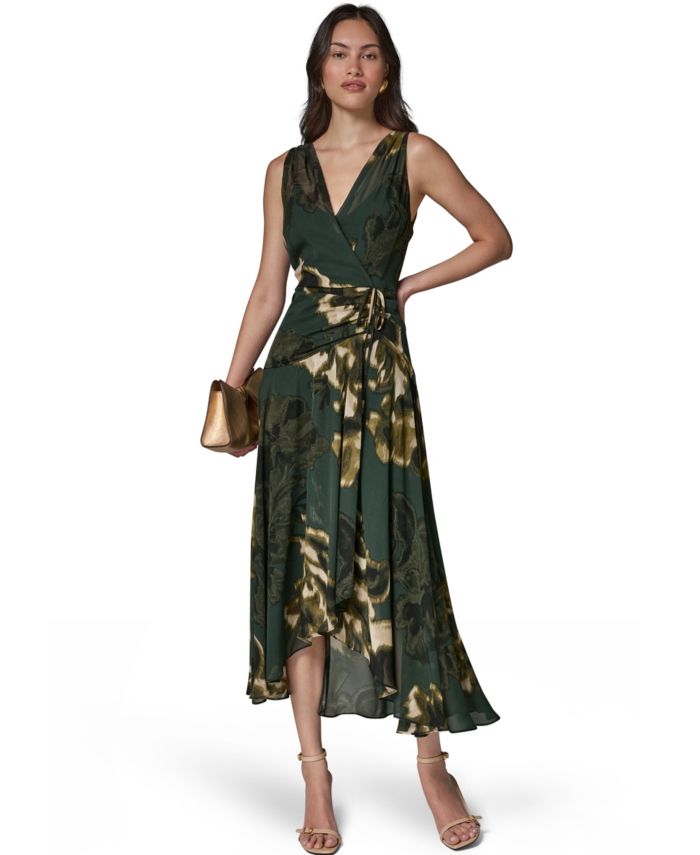 Donna Karan New York Womens Sleeveless Printed Chiffon Surplice Neck Dress