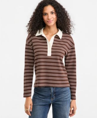 Women's Stripe Pique Long-Sleeve Polo Shirt