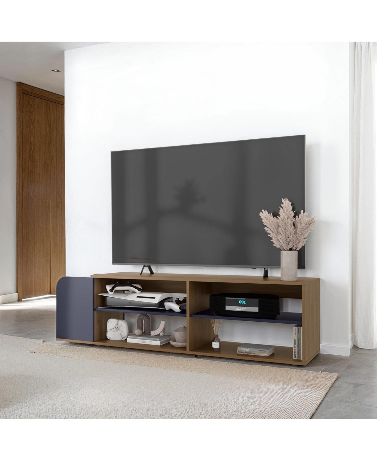 Fm Furniture Modern Tv Stand, Entertainment Console - Natural oak and navy blue