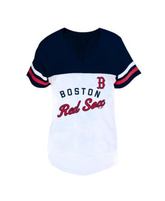 Women's White/Navy Boston Red Sox Plus Size Two-Stripe V-Neck T-Shirt