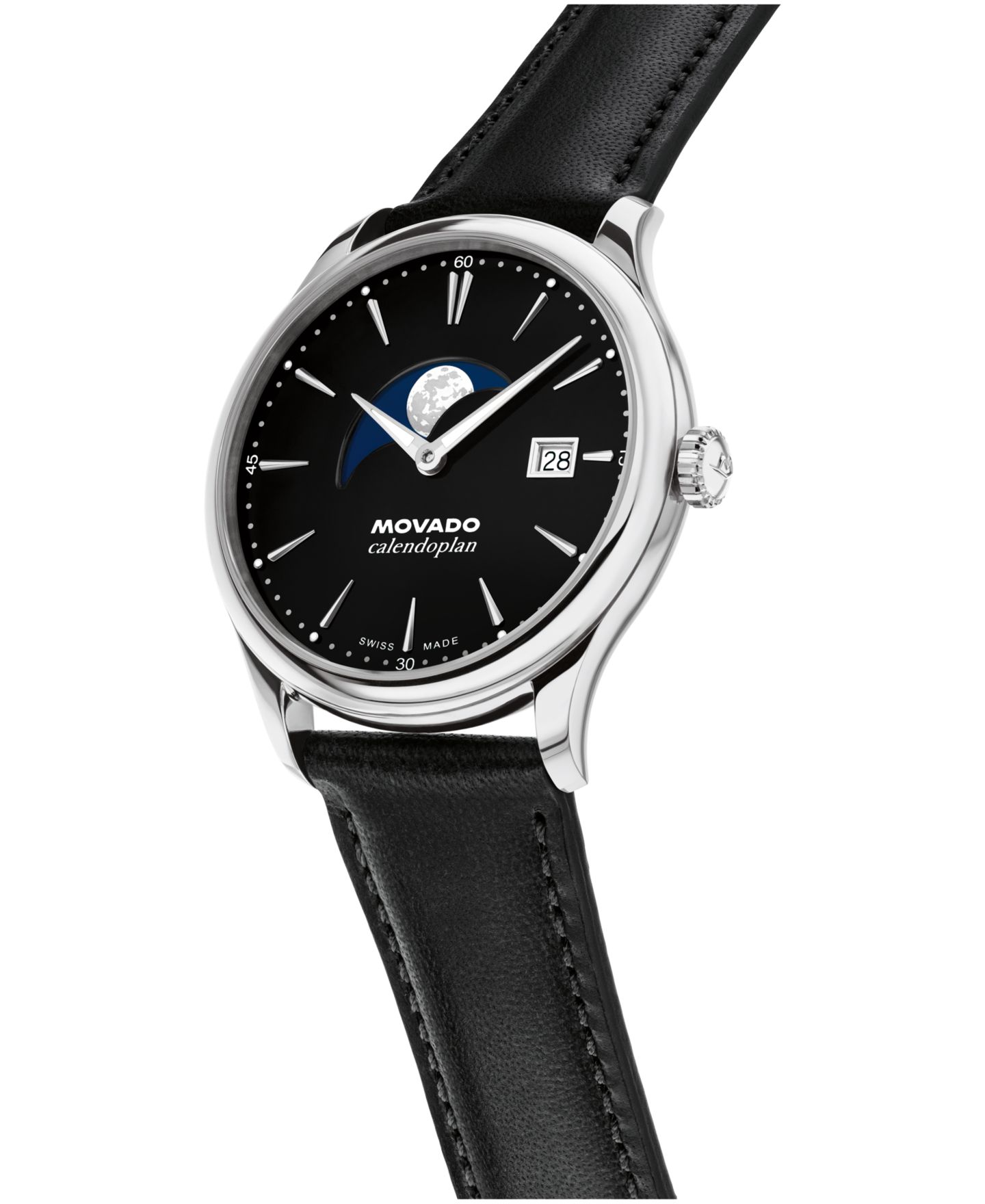 Мужские часы Movado Calendoplan Swiss Quartz Black Leather Watch 37mm — фото 2