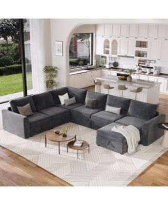 Chenille Fabric Sectional Couches with Pull-Out Bed and Large Storage for Living Room, Sturdy Wooden Frame Tool-Free Assembly