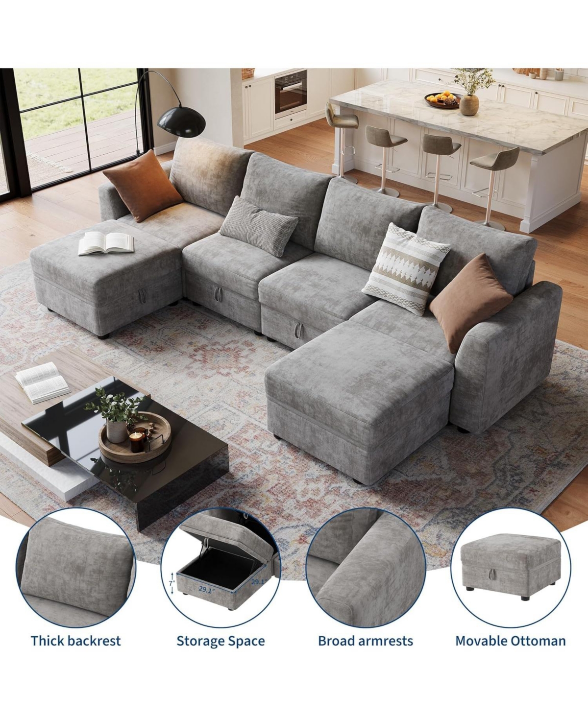 gaomon 141" Sectional Couches for Living Room, Cloud Couch Sectional with Large Storage, u-Shape Modular Sectional Sofa with Ottoman