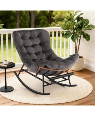 Papasan Rocking Chair with Removable Polyester Cushion and Extendable Footrest, Cozy Rattan Rocker for Porch ,Bedroom and Living Room