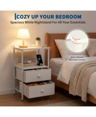 Modern White Nightstand with Charging Station, 2 Fabric Drawers Open Shelf USB Type-C Ports Power Outlet MDF Metal Bedroom End Table