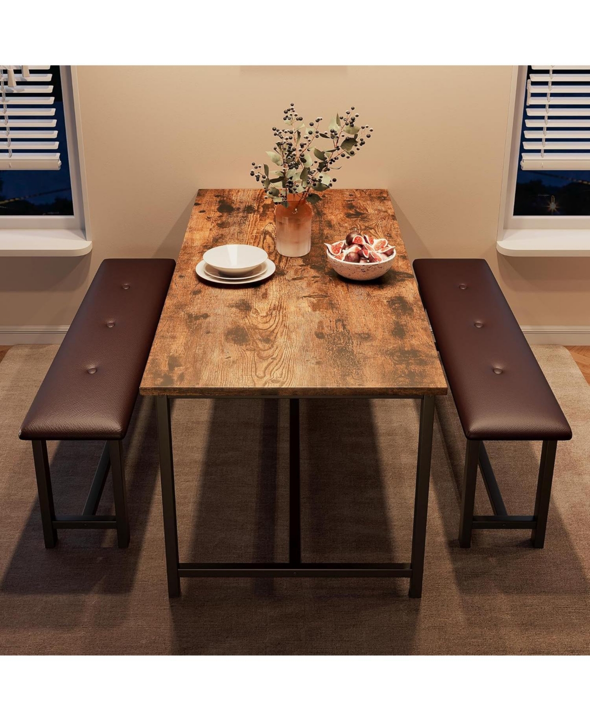 gaomon Dining Table Set for 4, Kitchen Table with 2 Upholstered Benches, Wood Kitchen Dining Room