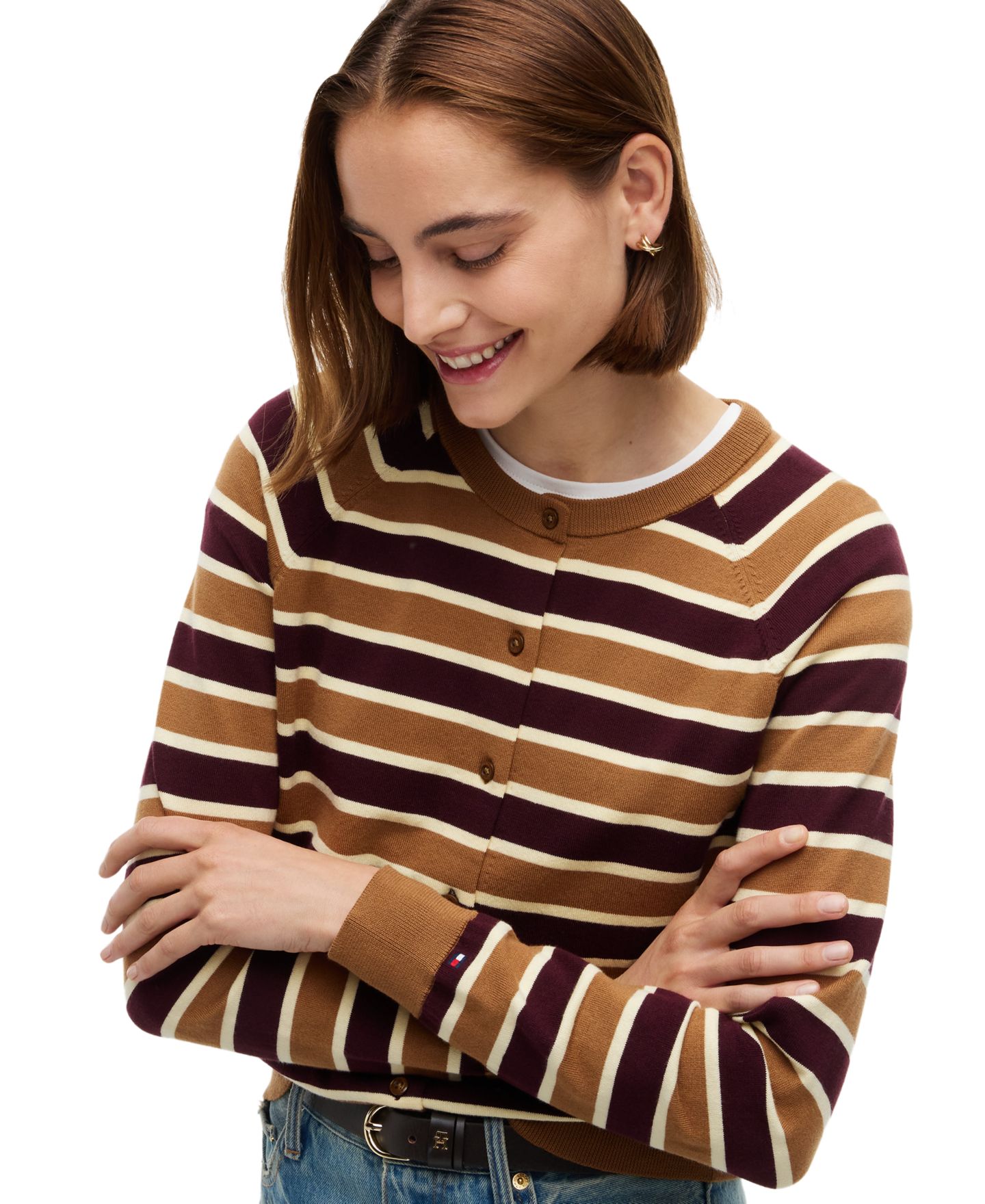 Женский кардиган Tommy Hilfiger Striped Slim-Fit Crewneck, цвет: Полосатый бордовый хаки — фото 3