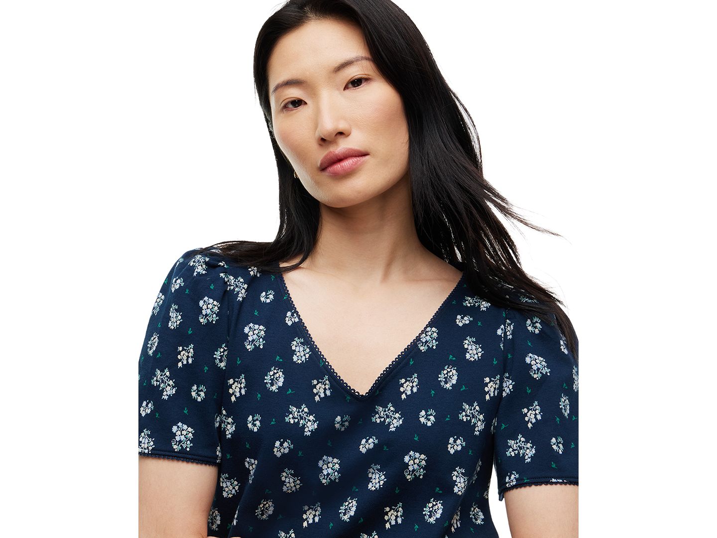 Женский топ Tommy Hilfiger Printed Contrast Trim Puff-Sleeve V-Neck Top, цвет: С принтом тёмный синий — фото 3
