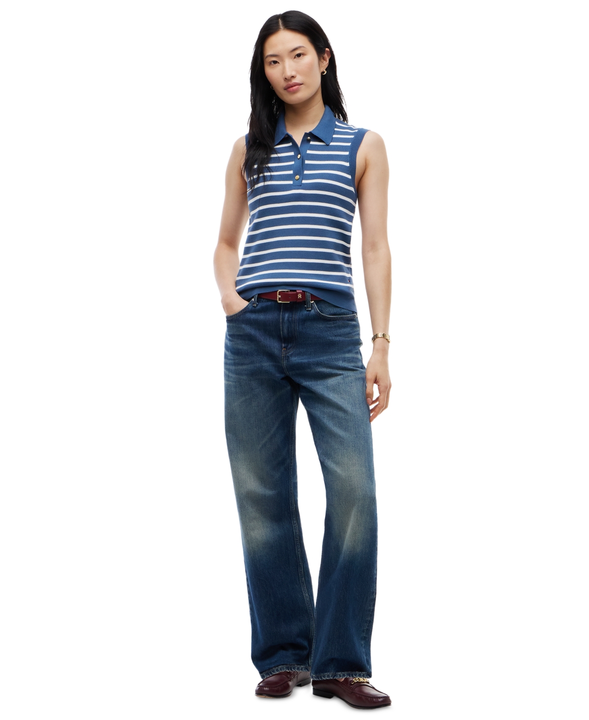 Tommy Hilfiger Women's Fine Gauge Polo Collar Sleeveless Sweater