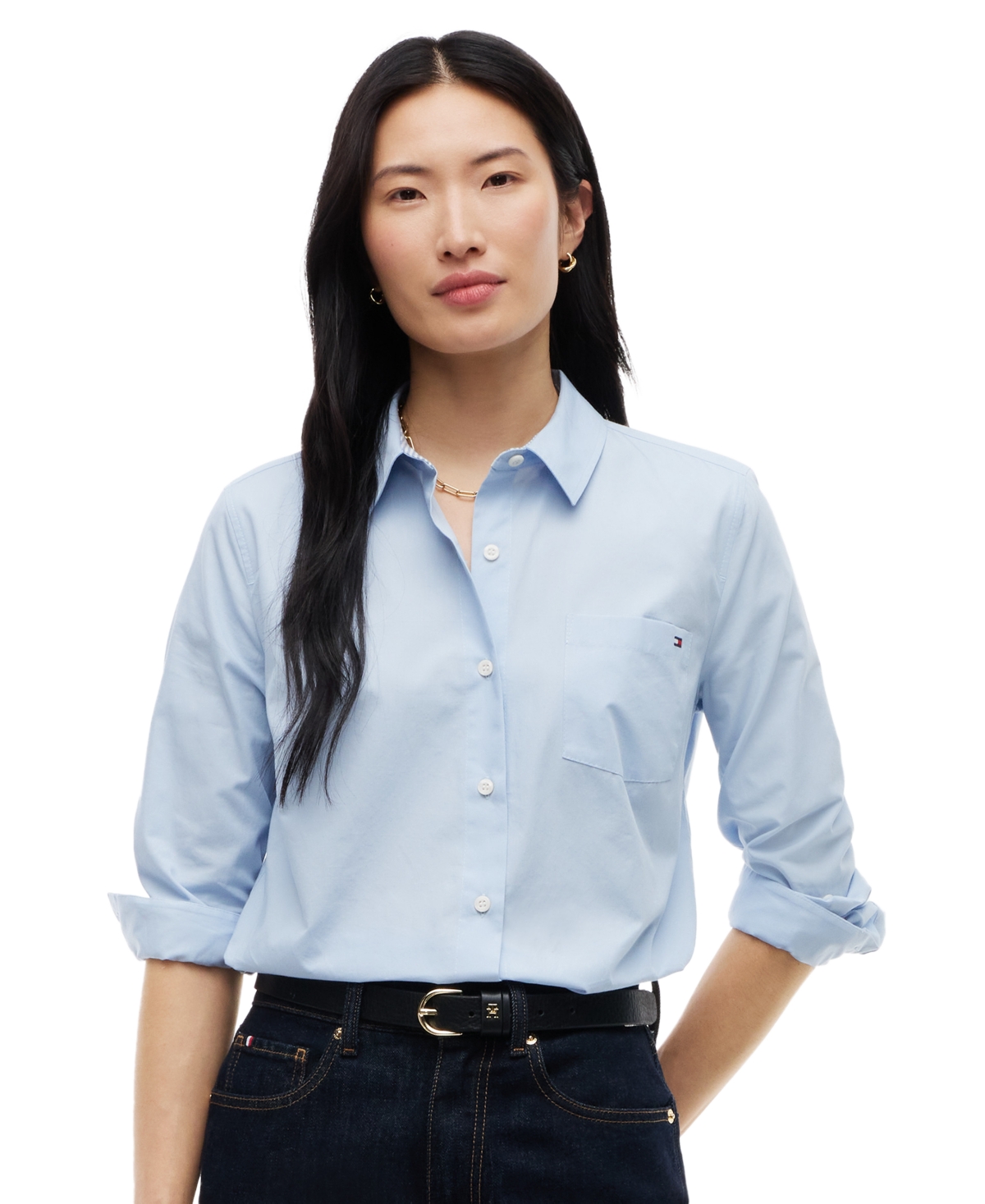 Tommy Hilfiger Women's Classic Poplin Roll-tab Long-sleeve Shirt In Sky Blue