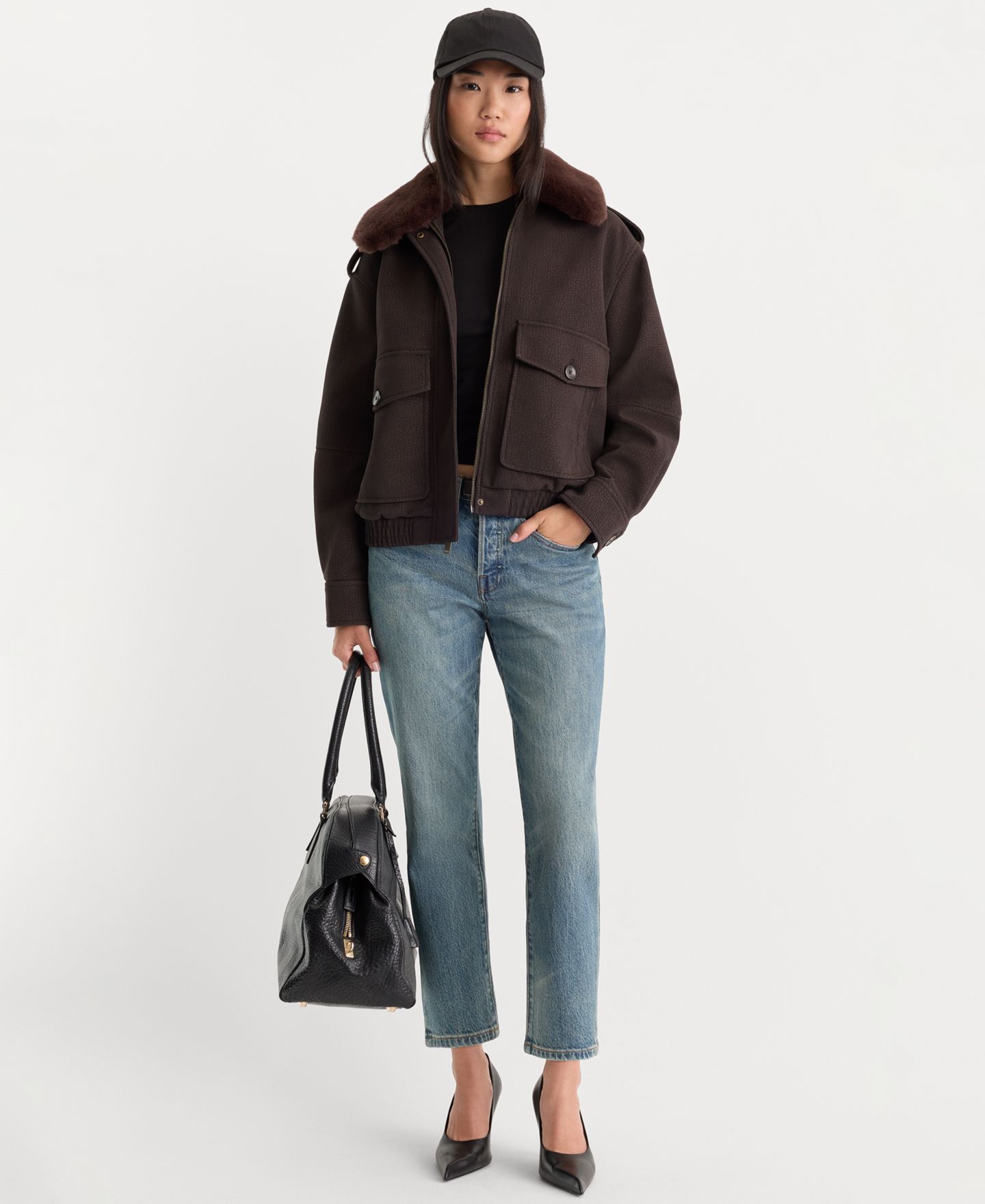Женская куртка Good American Removable Faux Fur Collared, цвет: Тёмно-коричневый — фото 2