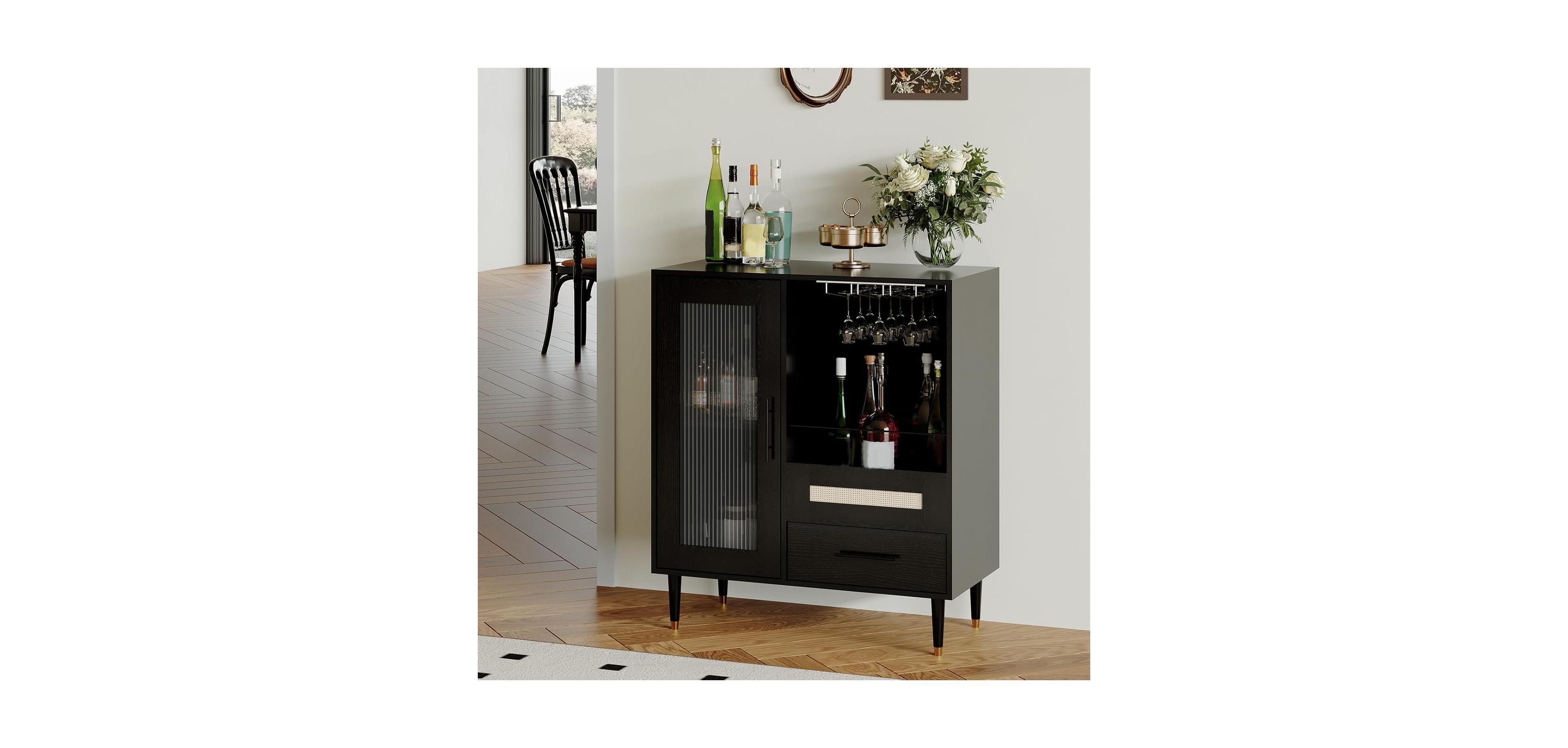 gaomon Modern Wine Bar Cabinet with Glass Door – Wine Rack, Drawers and Generous Storage – Freestanding Buffet Sideboard, Living Room
