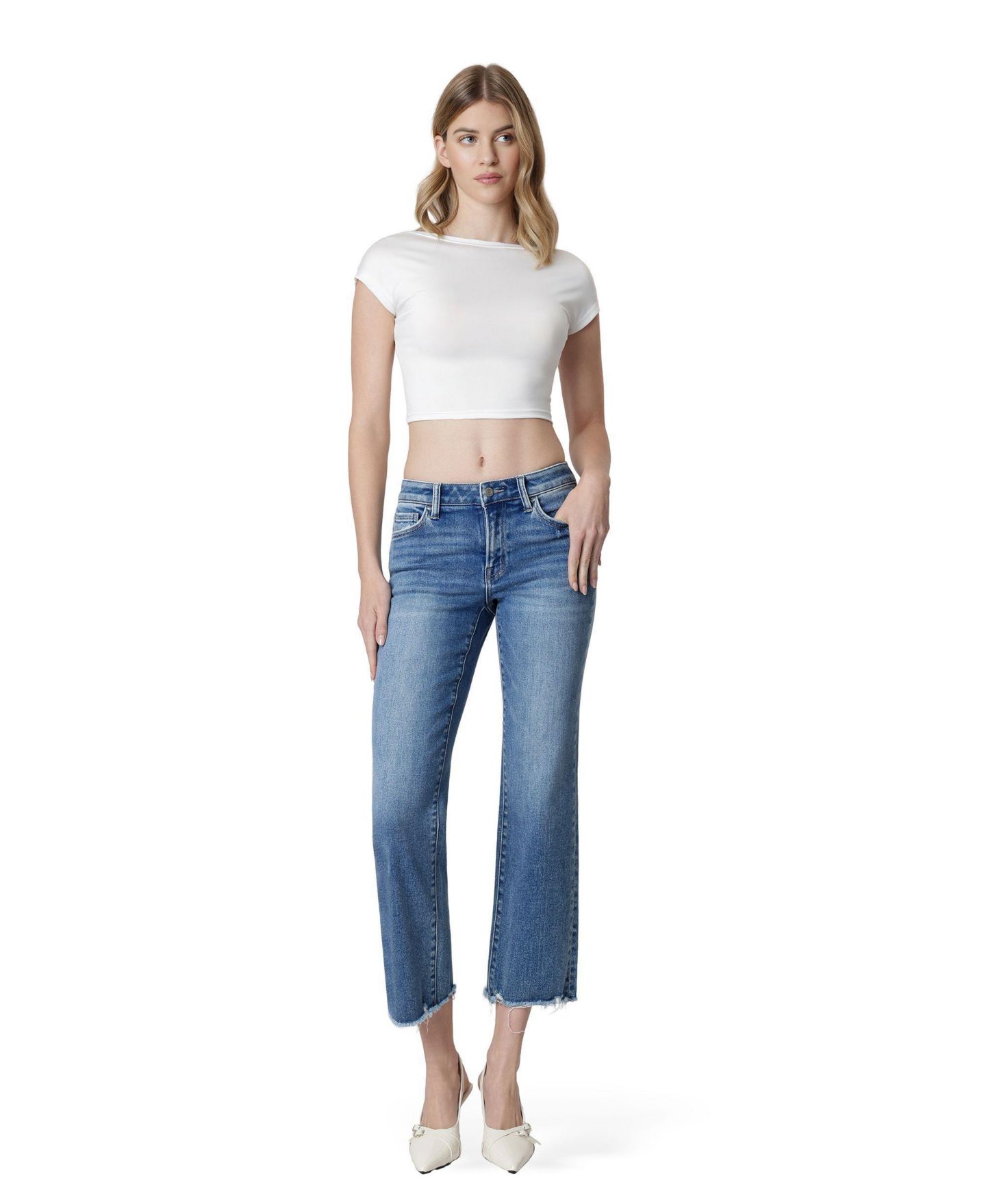 Женские джинсы Vervet Mid Rise Distressed Hem Crop Straight, цвет: Синий — фото 2