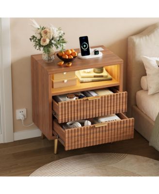 Fluted Nightstand with LED Lights, 2 Drawer Wood Nightstand for Bedroom, Modern Bedside Table with Storage, MDF End Table for Living Room