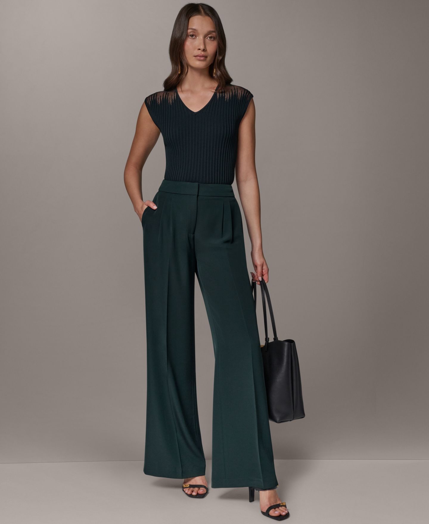 Женские широкие брюки Donna Karan New York со средней посадкой, цвет: Чёрный тёмно-зелёный — фото 7