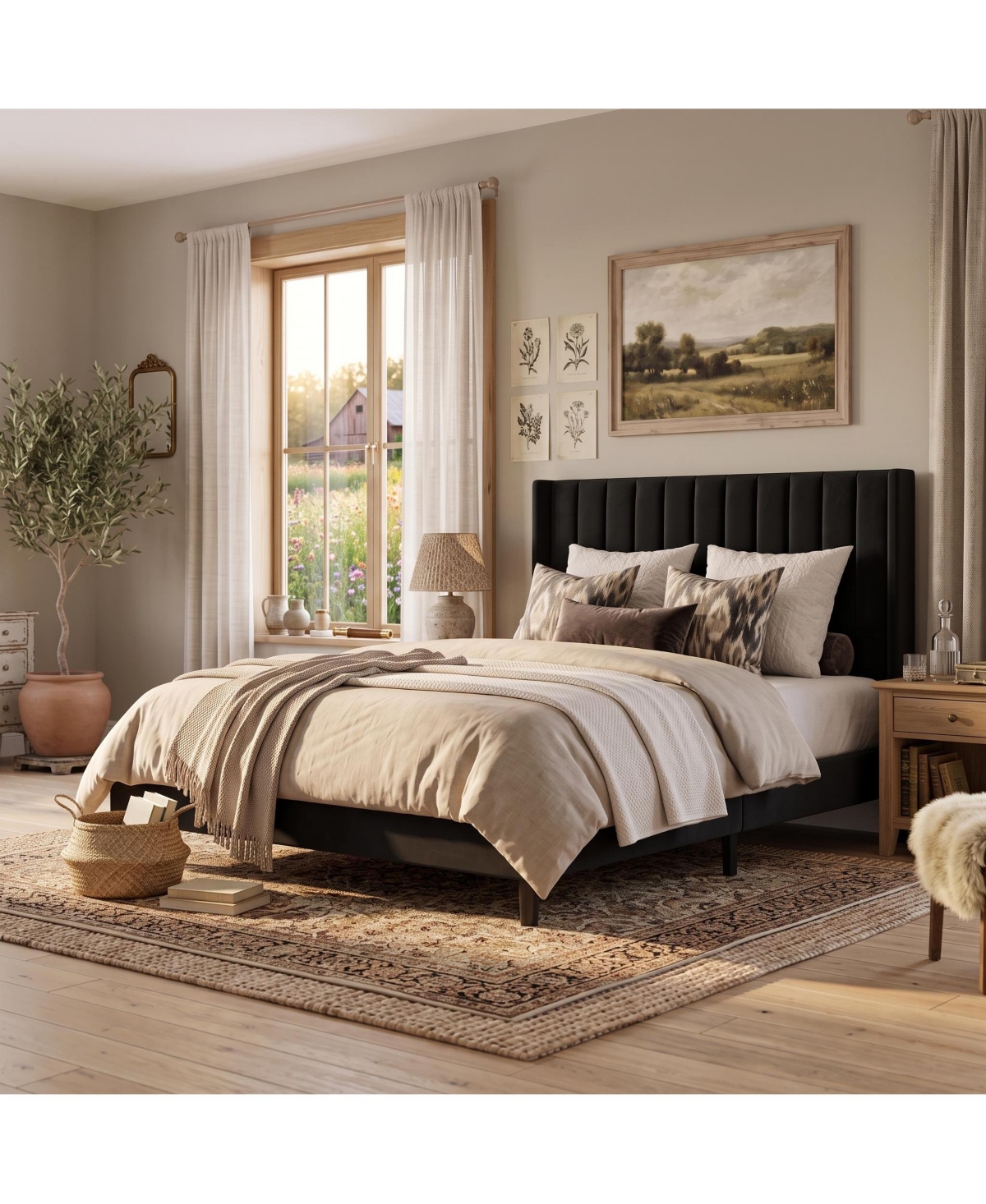 Upholstered Platform Bed Frame with 52 Inch High Vertical Channel Tufted Wingback Headboard, Wooden Slat Support
