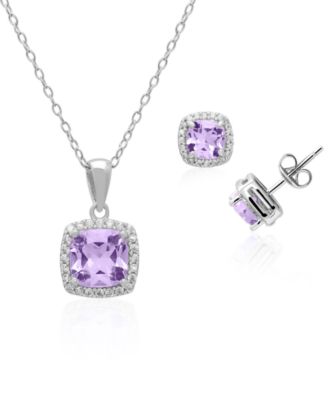 Simulated Cubic Zirconia Cushion Halo Pendant Necklace with Matching Stud Earrings 2-Piece Set
