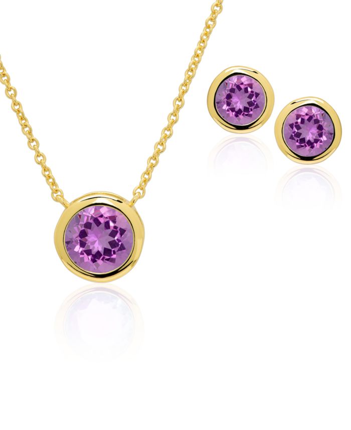 Round Simulated Gemstone Bezel Pendant Necklace with Matching Earrings — 2 piece