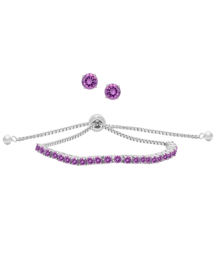 Round Simulated Gemstone Adjustable Tennis Bolo Bracelet with Matching — 2 piece