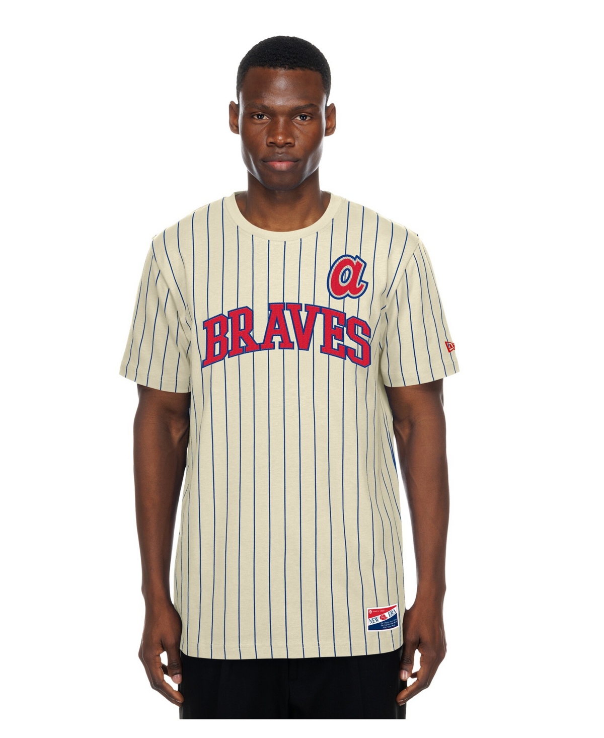 New Era Men's Cream Atlanta Braves Throwback Meshback Pinstripe T-Shirt