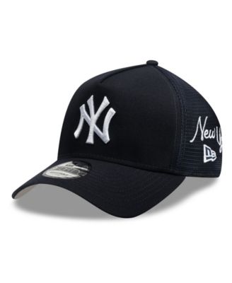 Men's Navy New York Yankees Side Script 9FORTY A-Frame Trucker Adjustable Hat